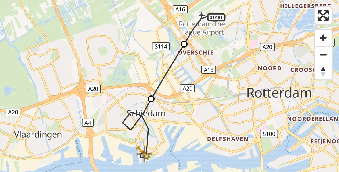 Vluchtroute Traumahelikopter Rotterdam The Hague Airport - Schiedam, 01 augustus 2026, 16:52