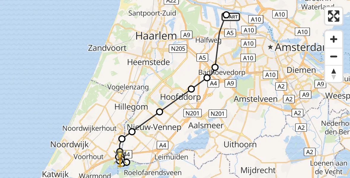 Vluchtroute Traumahelikopter Amsterdam Heliport - Buitenkaag, 01 augustus 2026, 17:04