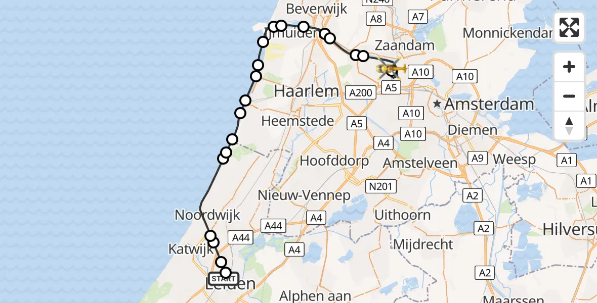 Vluchtroute Traumahelikopter Leiden University Medical Center Heliport - Amsterdam Heliport, 01 augustus 2026, 18:11