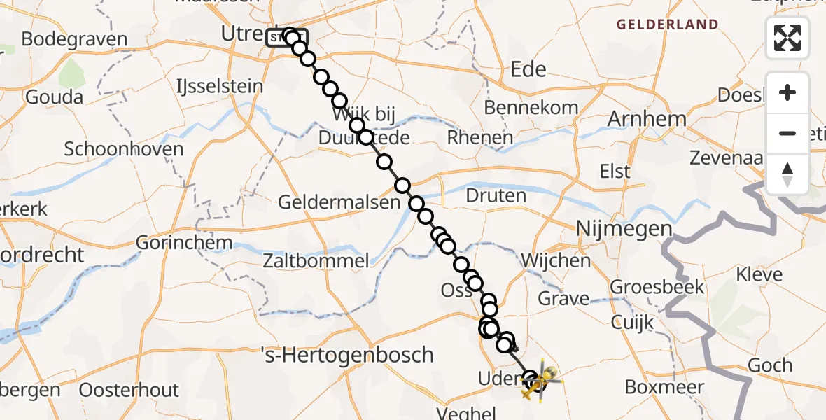 Vluchtroute Traumahelikopter Universitair Medisch Centrum Utrecht - Vliegbasis Volkel, 01 augustus 2026, 19:19