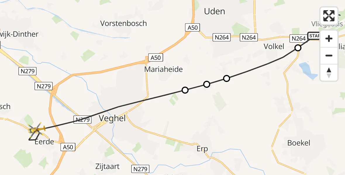 Vluchtroute Traumahelikopter Vliegbasis Volkel - Veghel, 01 augustus 2026, 19:57
