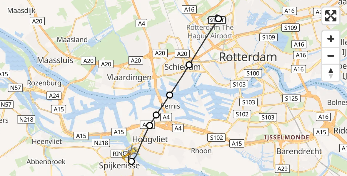 Vluchtroute Traumahelikopter Rotterdam The Hague Airport - Spijkenisse, 01 augustus 2026, 19:59