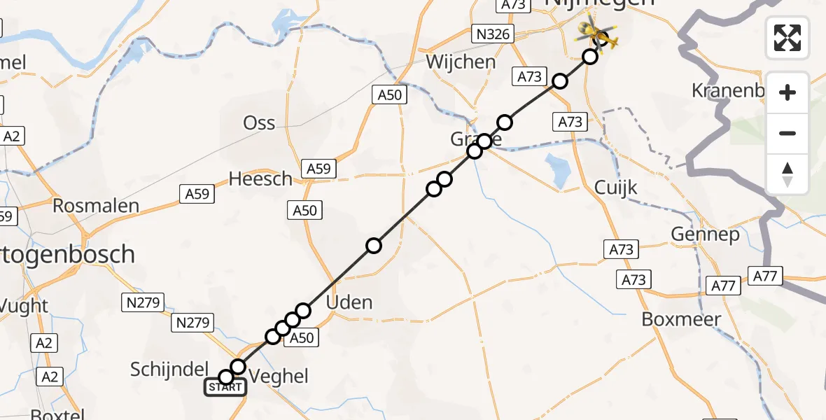 Vluchtroute Traumahelikopter Veghel - Radboud University Medical Center Heliport, 01 augustus 2026, 20:36