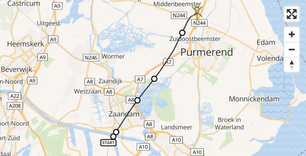 Vluchtroute Traumahelikopter Amsterdam Heliport - Beemster, 01 augustus 2026, 20:54