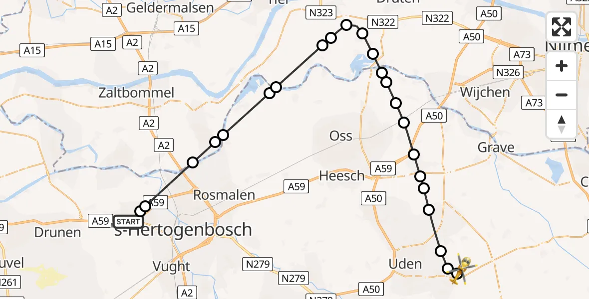 Vluchtroute Traumahelikopter Vlijmen - Vliegbasis Volkel, 01 augustus 2026, 22:01