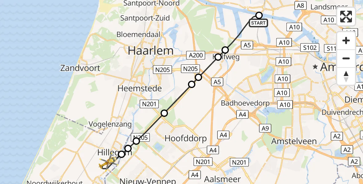 Vluchtroute Traumahelikopter Amsterdam Heliport - Hillegom, 01 augustus 2026, 22:19
