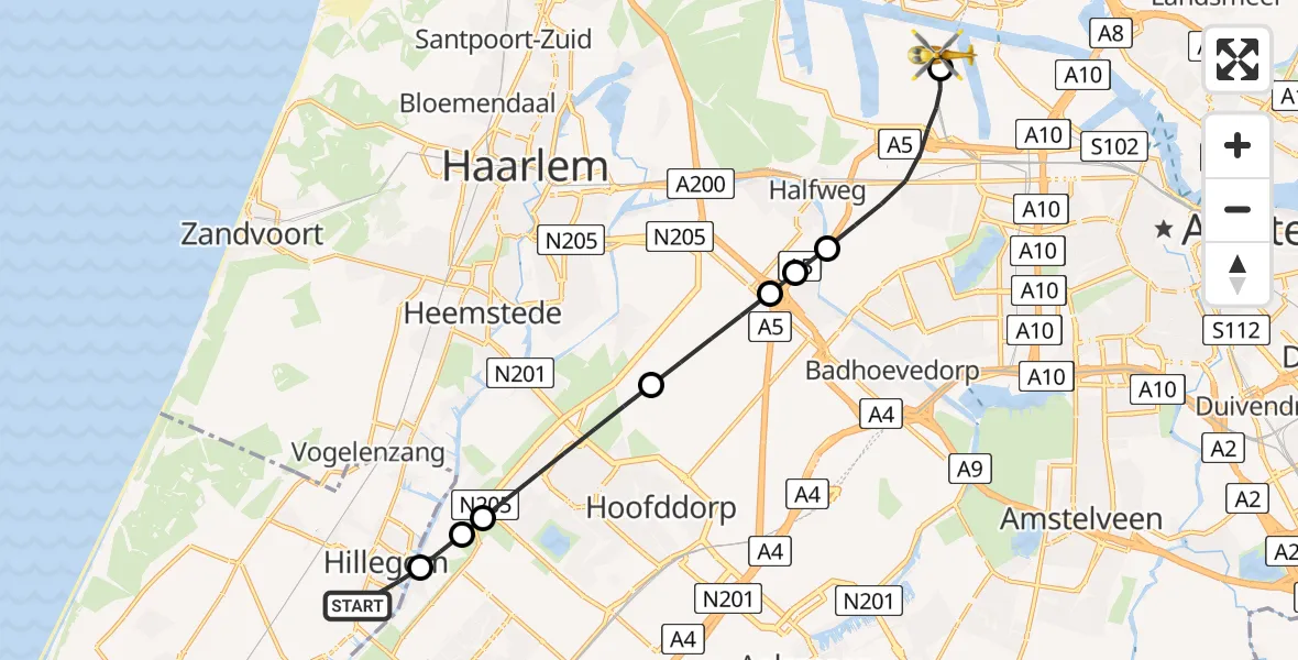 Vluchtroute Traumahelikopter Hillegom - Amsterdam Heliport, 01 augustus 2026, 22:45
