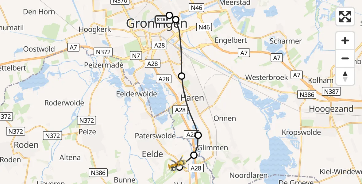 Vluchtroute Traumahelikopter Universitair Medisch Centrum Groningen - Groningen Airport Eelde, 01 augustus 2026, 23:09