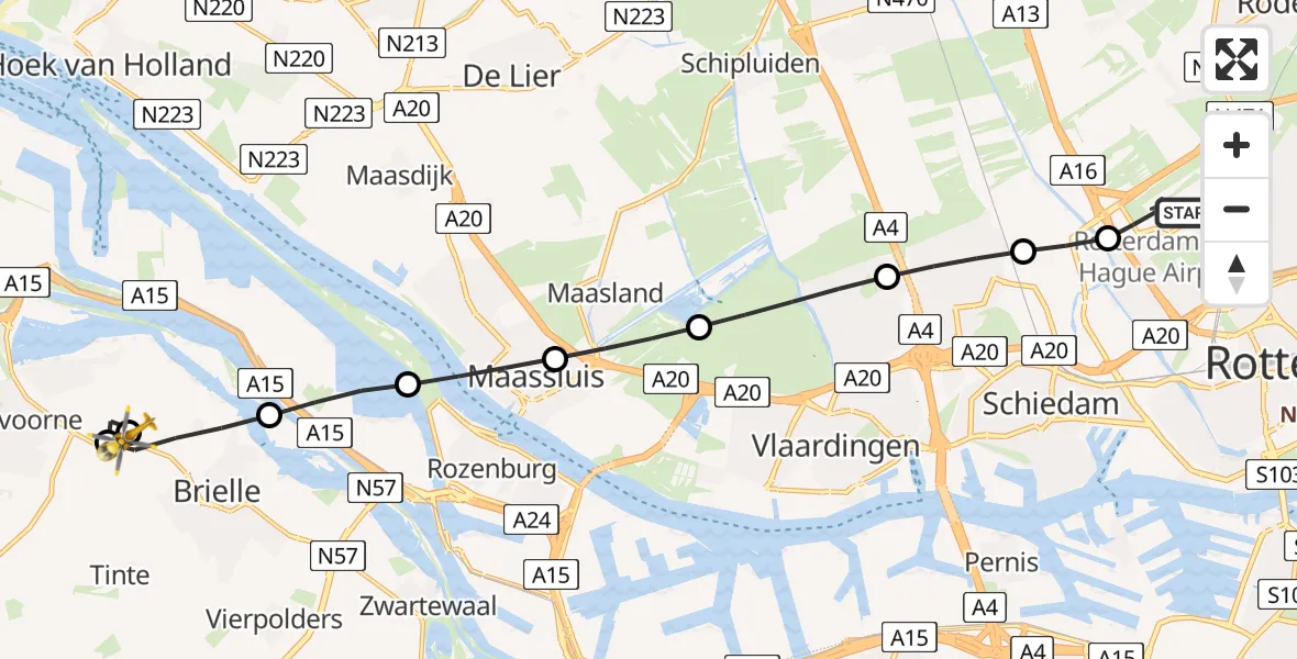 Vluchtroute Traumahelikopter Rotterdam The Hague Airport - Brielle, 02 augustus 2026, 08:31