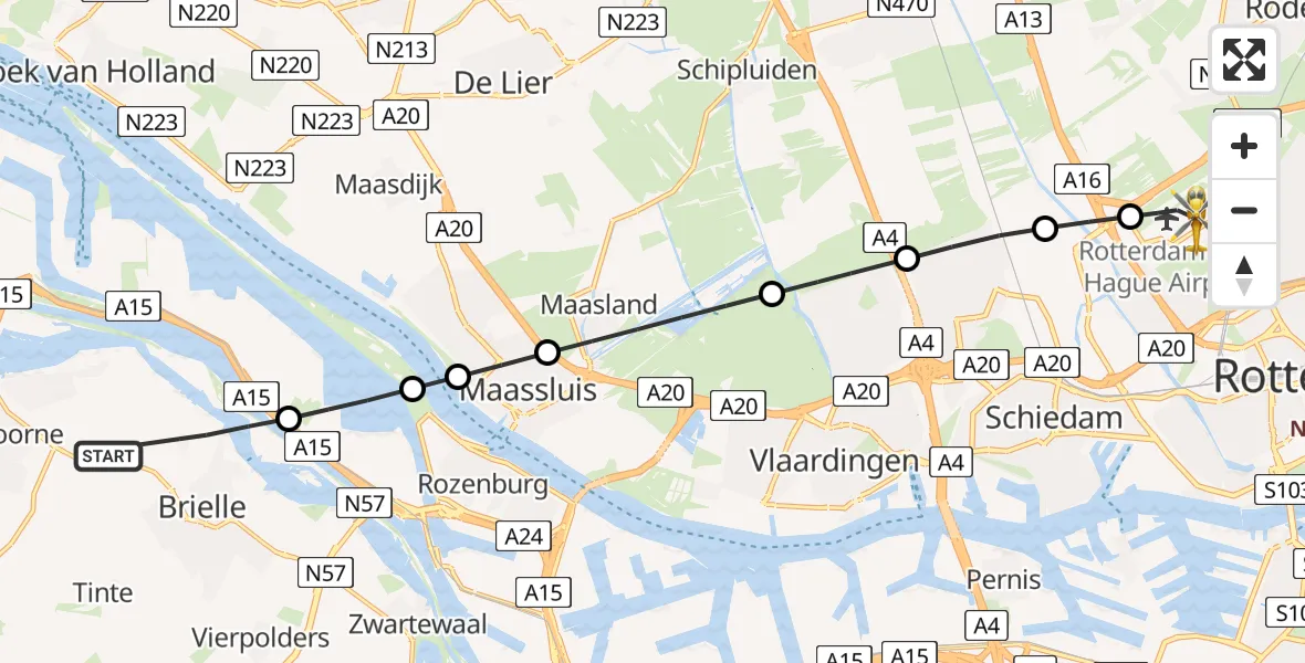 Vluchtroute Traumahelikopter Brielle - Rotterdam The Hague Airport, 02 augustus 2026, 08:47