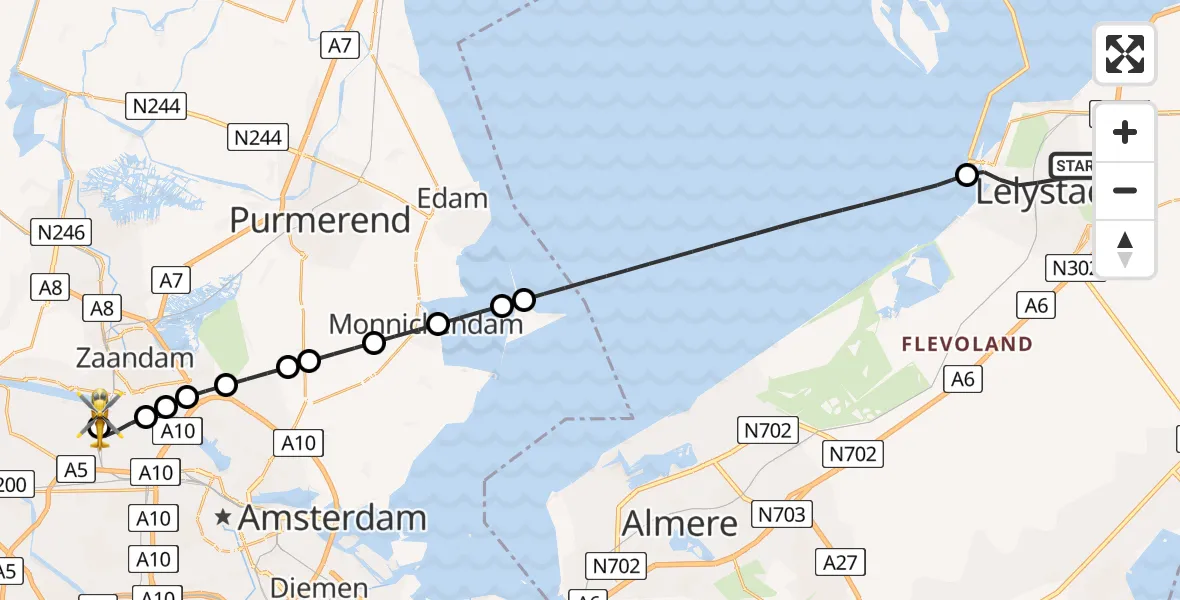 Vluchtroute Traumahelikopter Lelystad - Amsterdam Heliport, 02 augustus 2026, 09:29
