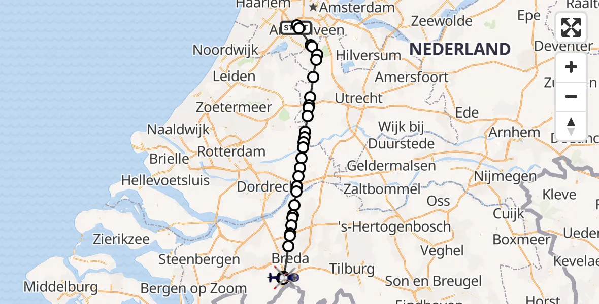 Vluchtroute Politiehelikopter Amsterdam Vliegveld Schiphol - Rijsbergen, 02 augustus 2026, 09:39