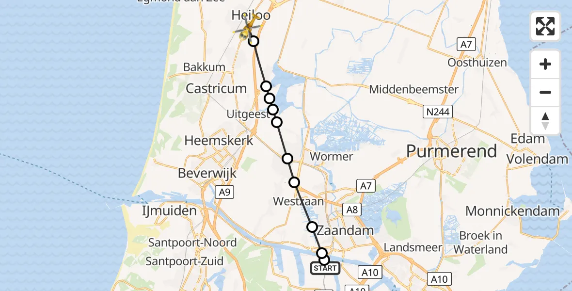 Vluchtroute Traumahelikopter Amsterdam Heliport - Heiloo, 02 augustus 2026, 09:56
