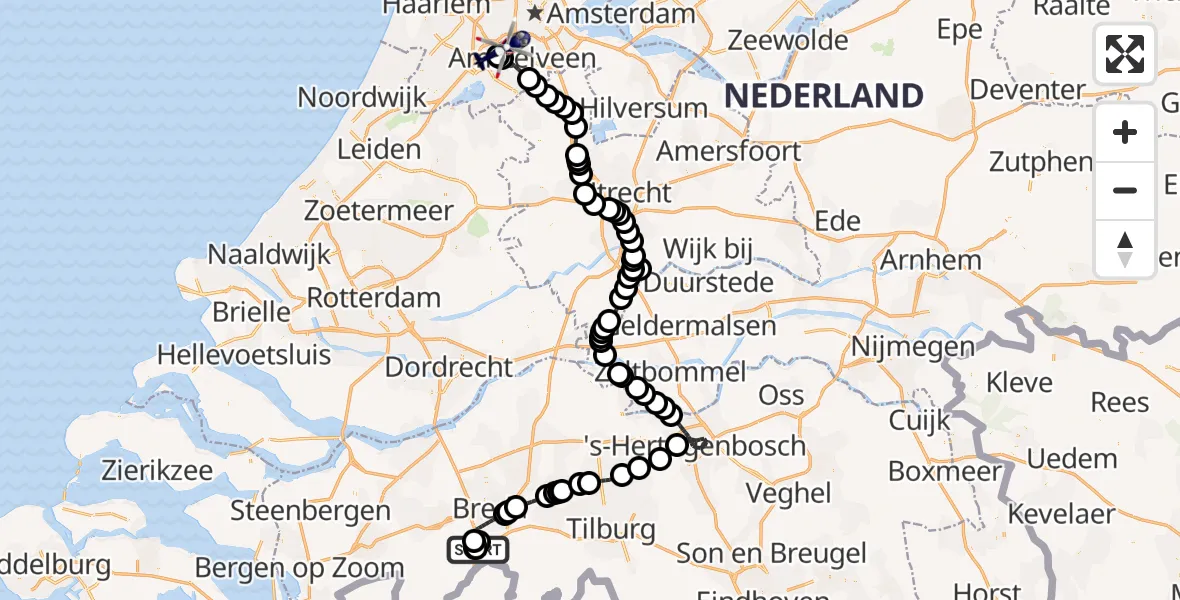 Vluchtroute Politiehelikopter Breda - Amsterdam Vliegveld Schiphol, 02 augustus 2026, 10:25