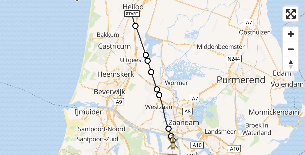 Vluchtroute Traumahelikopter Heiloo - Amsterdam Heliport, 02 augustus 2026, 10:33