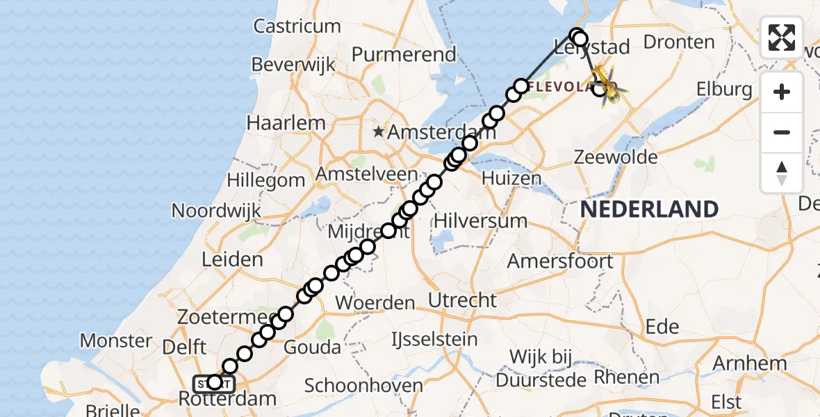 Vluchtroute Traumahelikopter Rotterdam The Hague Airport - Lelystad Airport, 02 augustus 2026, 10:57