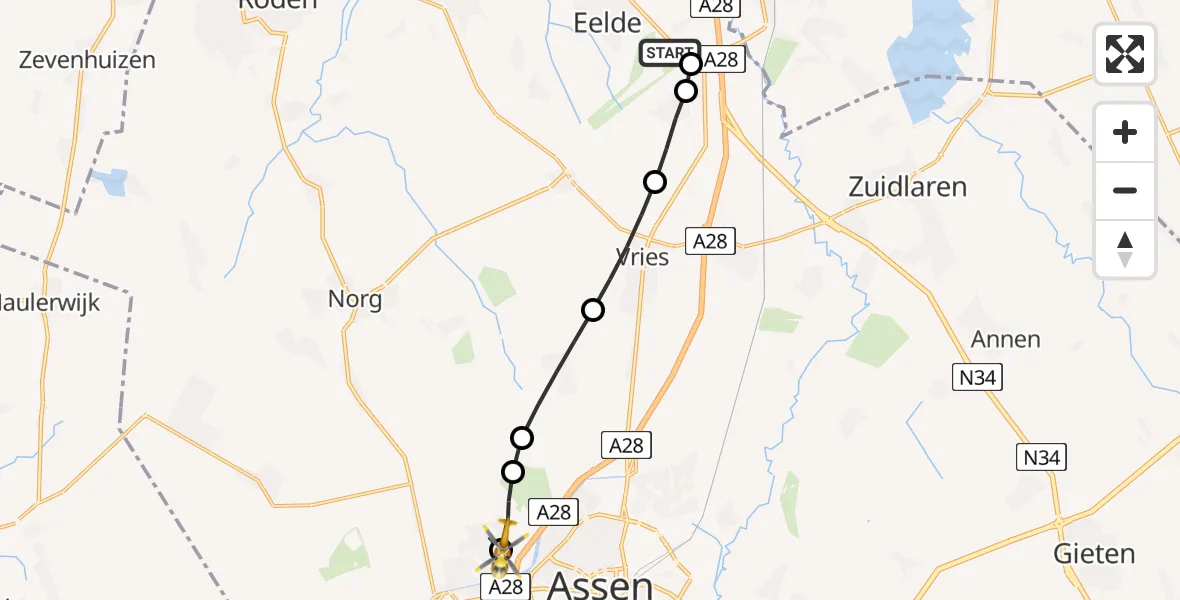 Vluchtroute Traumahelikopter Groningen Airport Eelde - Assen, 02 augustus 2026, 11:50