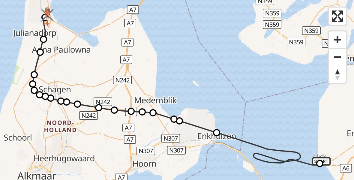 Vluchtroute Kustwachthelikopter Urk - Militair vliegveld De Kooy / Den Helder Airport, 02 augustus 2026, 11:51