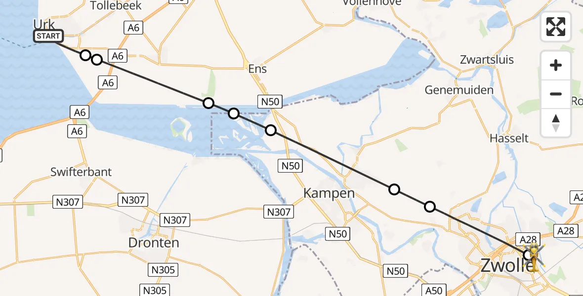 Vluchtroute Traumahelikopter Urk - Isala Hospital Zwolle Heliport, 02 augustus 2026, 11:57