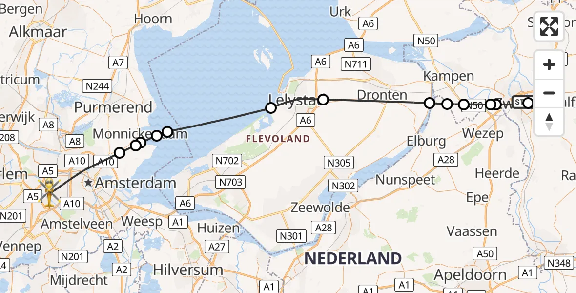 Vluchtroute Traumahelikopter Isala Hospital Zwolle Heliport - Amsterdam, 02 augustus 2026, 12:18