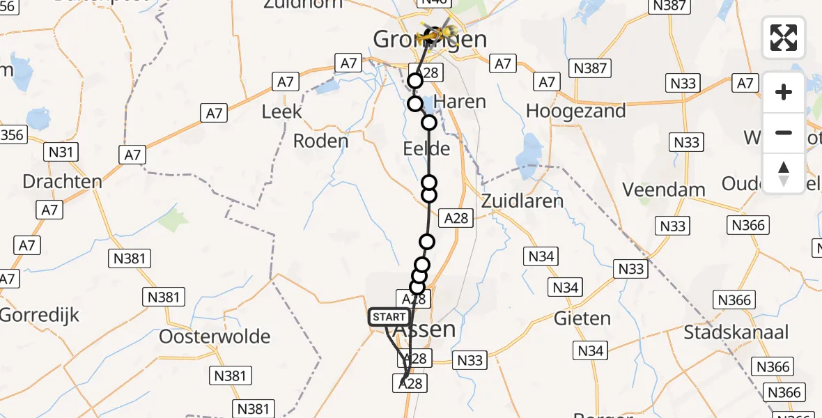 Vluchtroute Traumahelikopter Assen - Universitair Medisch Centrum Groningen, 02 augustus 2026, 12:32