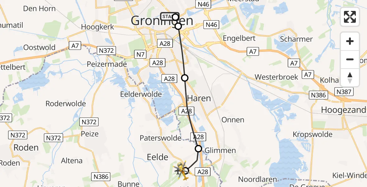 Vluchtroute Traumahelikopter Universitair Medisch Centrum Groningen - Groningen Airport Eelde, 02 augustus 2026, 13:00