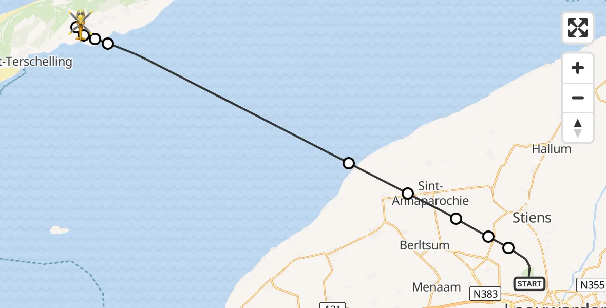 Vluchtroute Ambulancehelikopter Vliegbasis Leeuwarden - Terschelling Heliport, 02 augustus 2026, 13:31