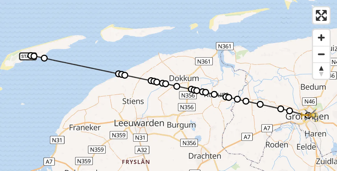 Vluchtroute Ambulancehelikopter Terschelling Heliport - Universitair Medisch Centrum Groningen, 02 augustus 2026, 14:07