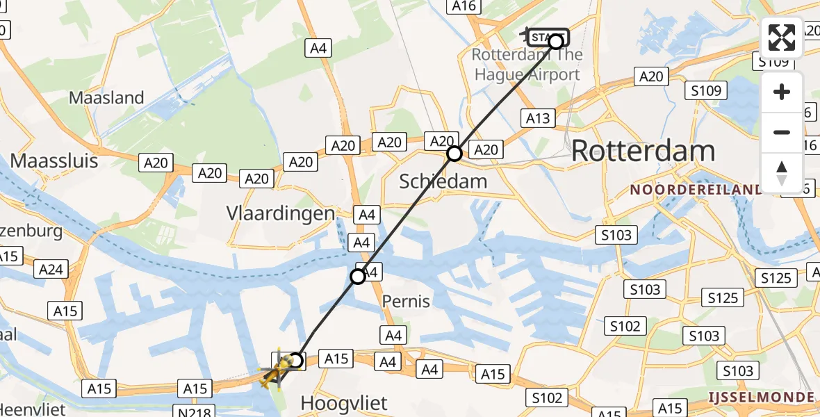 Vluchtroute Traumahelikopter Rotterdam The Hague Airport - Hoogvliet Rotterdam, 02 augustus 2026, 14:54