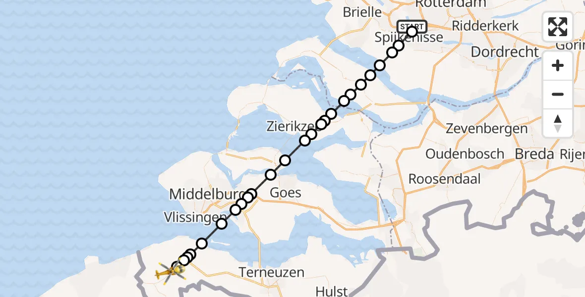 Vluchtroute Traumahelikopter Hoogvliet Rotterdam - Oostburg, 02 augustus 2026, 15:15