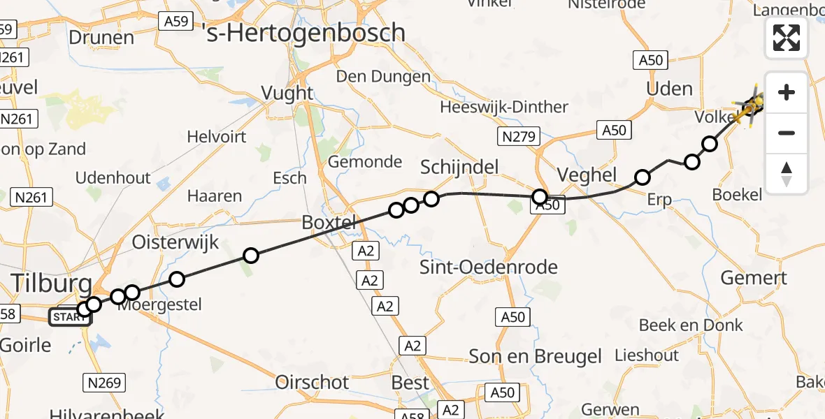 Vluchtroute Traumahelikopter St. Elisabeth Hospital Heliport - Volkel, 02 augustus 2026, 15:33
