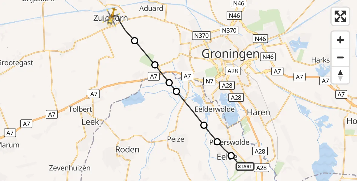Vluchtroute Traumahelikopter Groningen Airport Eelde - Zuidhorn, 02 augustus 2026, 16:09