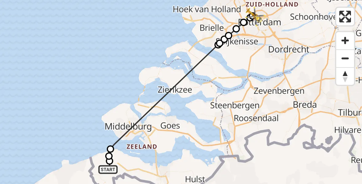 Vluchtroute Traumahelikopter Oostburg - Rotterdam The Hague Airport, 02 augustus 2026, 16:10