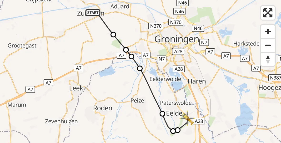 Vluchtroute Traumahelikopter Zuidhorn - Groningen Airport Eelde, 02 augustus 2026, 16:46