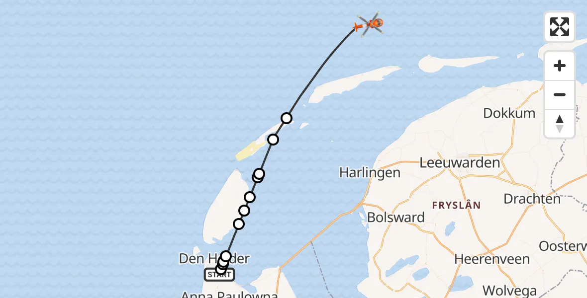 Vluchtroute Kustwachthelikopter Militair vliegveld De Kooy / Den Helder Airport - Noordzee, 02 augustus 2026, 18:43