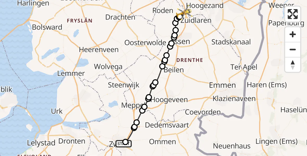 Vluchtroute Traumahelikopter Isala Hospital Zwolle Heliport - Groningen Airport Eelde, 02 augustus 2026, 20:11