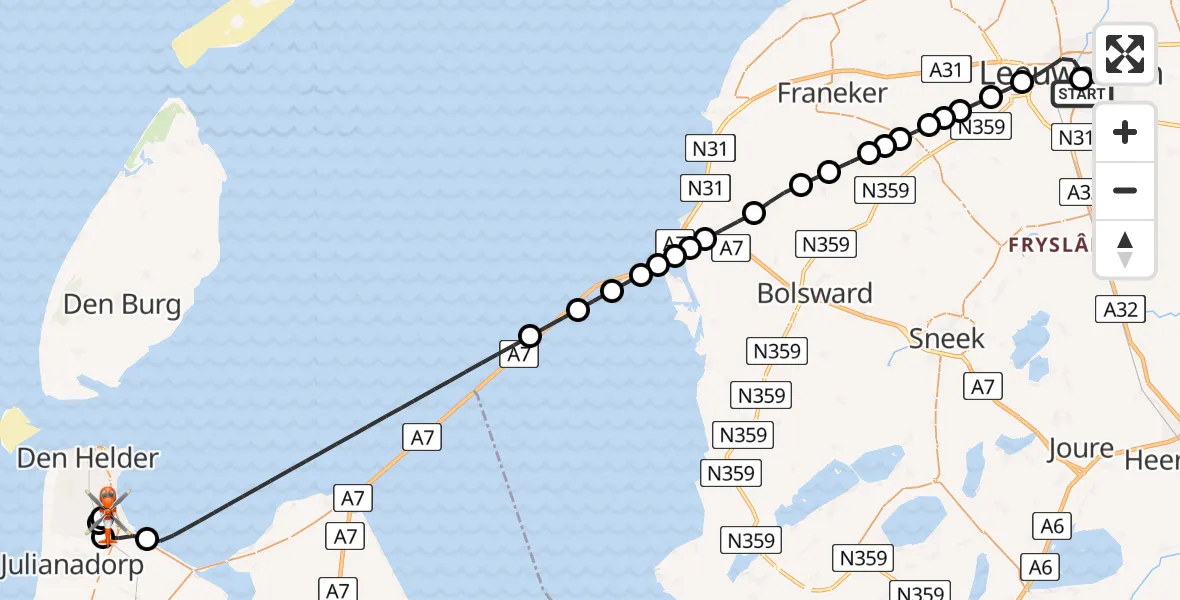 Vluchtroute Kustwachthelikopter Leeuwarden Medical Center Heliport - Militair vliegveld De Kooy / Den Helder Airport, 02 augustus 2026, 20:42