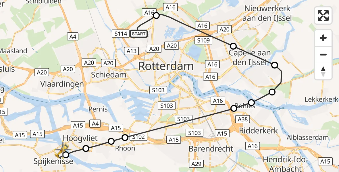 Vluchtroute Traumahelikopter Rotterdam The Hague Airport - Spijkenisse, 02 augustus 2026, 23:38
