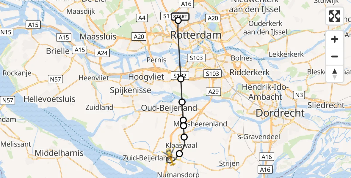 Vluchtroute Traumahelikopter Rotterdam The Hague Airport - Numansdorp, 03 augustus 2026, 03:25