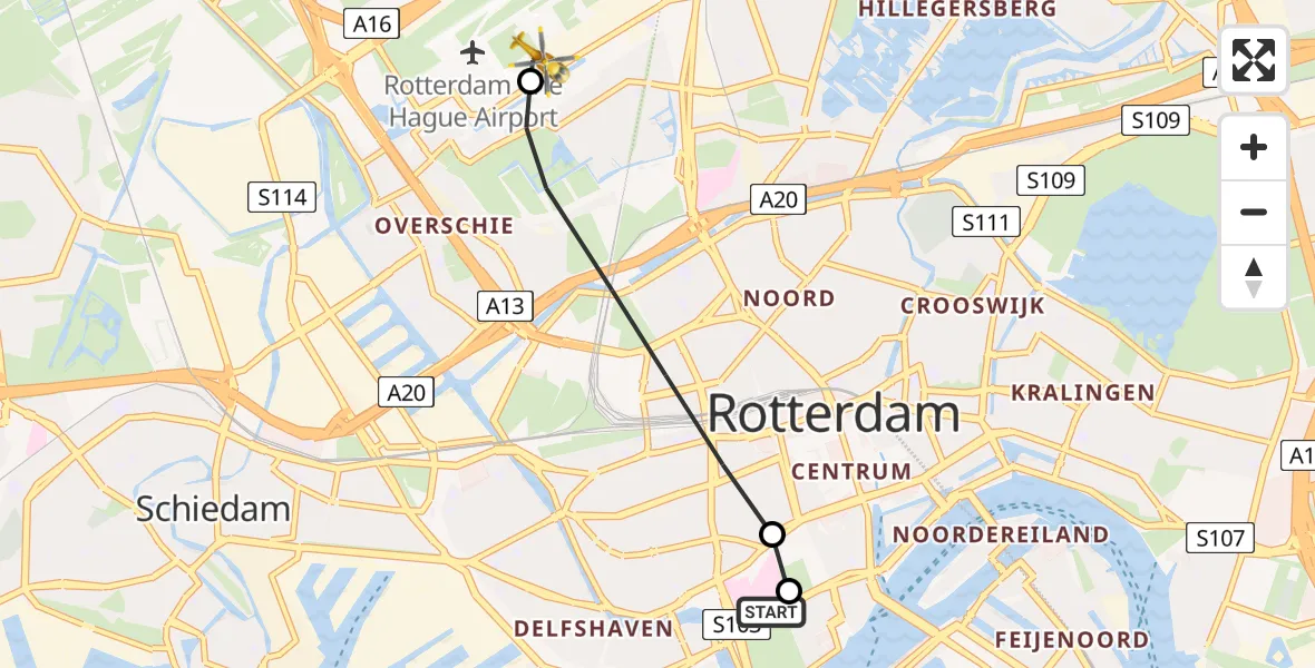 Vluchtroute Traumahelikopter Erasmus MC - Rotterdam The Hague Airport, 03 augustus 2026, 04:30