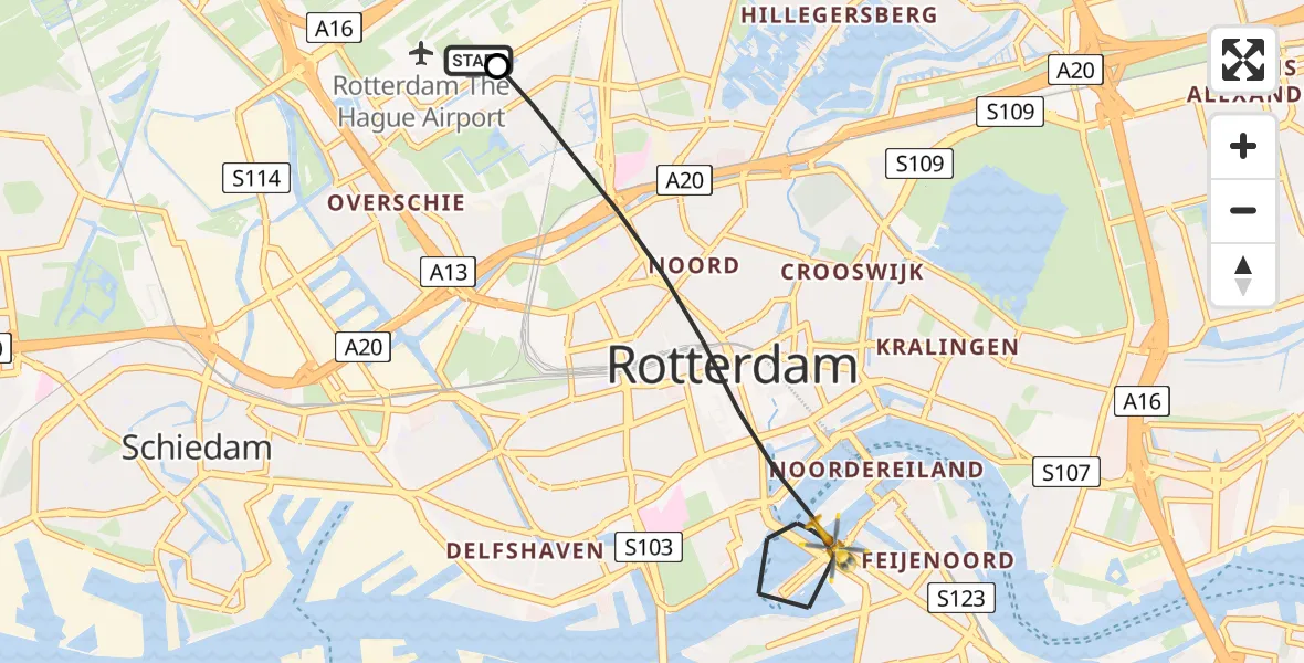 Vluchtroute Traumahelikopter Rotterdam The Hague Airport - Rotterdam, 03 augustus 2026, 07:45