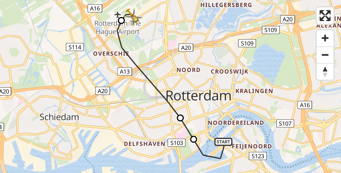 Vluchtroute Traumahelikopter Rotterdam - Rotterdam The Hague Airport, 03 augustus 2026, 08:51