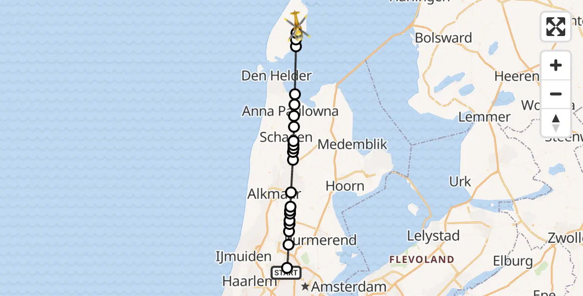 Vluchtroute Traumahelikopter Amsterdam Heliport - Oosterend, 03 augustus 2026, 08:55