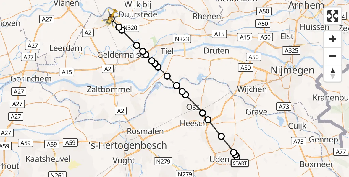 Vluchtroute Traumahelikopter Vliegbasis Volkel - Culemborg, 03 augustus 2026, 14:51