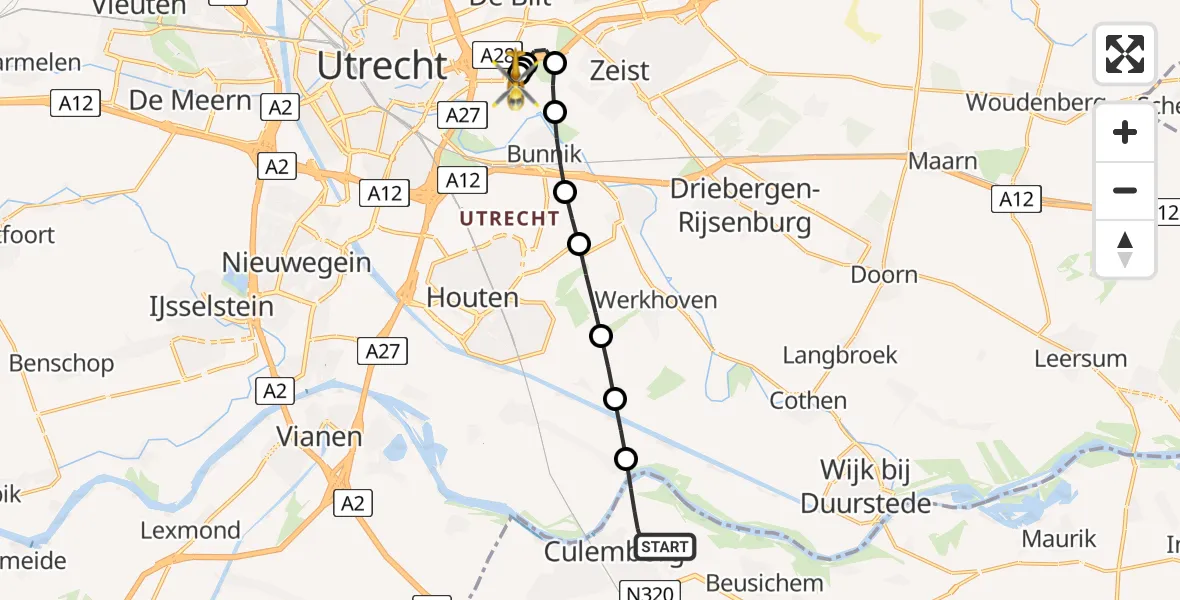 Vluchtroute Traumahelikopter Culemborg - Universitair Medisch Centrum Utrecht, 03 augustus 2026, 15:35