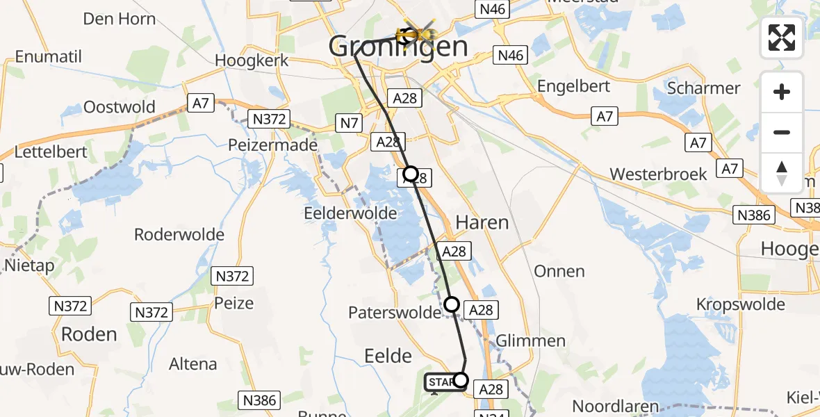 Vluchtroute Traumahelikopter Groningen Airport Eelde - Universitair Medisch Centrum Groningen, 03 augustus 2026, 15:48