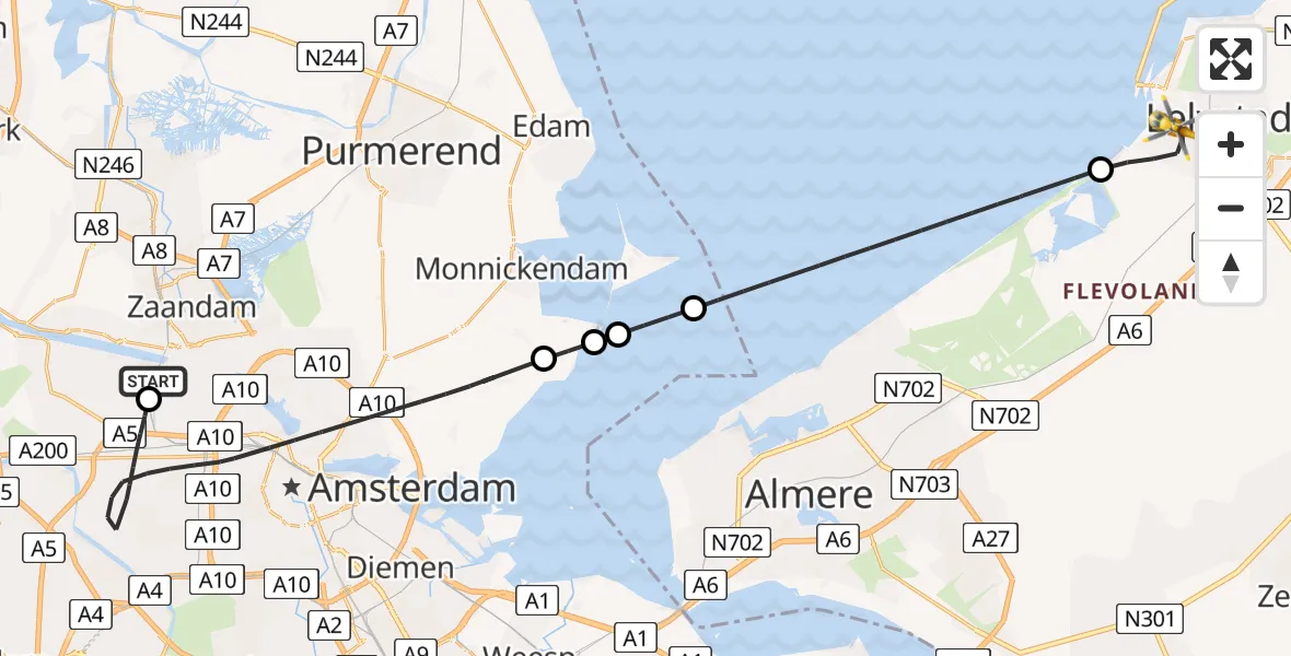 Vluchtroute Traumahelikopter Amsterdam Heliport - Lelystad, 03 augustus 2026, 15:57