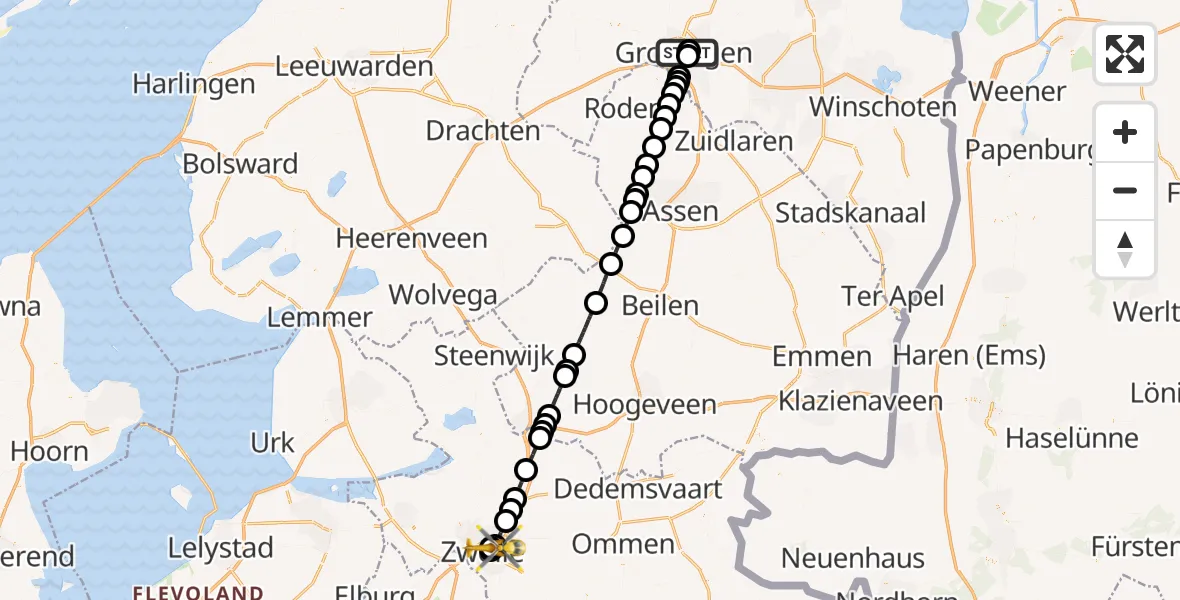 Vluchtroute Traumahelikopter Universitair Medisch Centrum Groningen - Isala Hospital Zwolle Heliport, 03 augustus 2026, 15:58