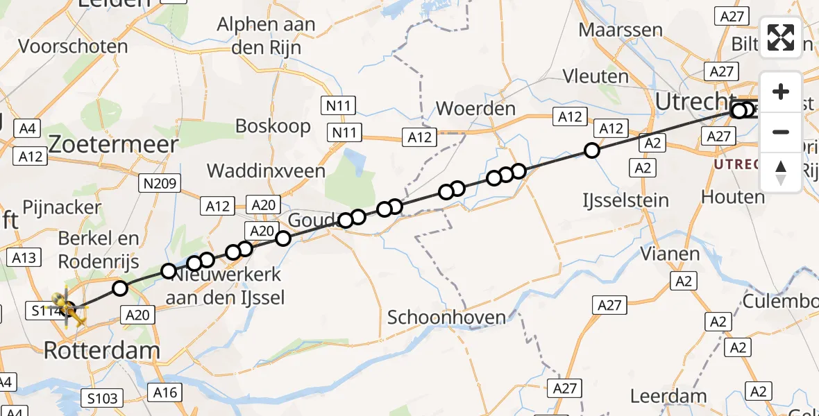 Vluchtroute Traumahelikopter Universitair Medisch Centrum Utrecht - Rotterdam The Hague Airport, 03 augustus 2026, 16:46