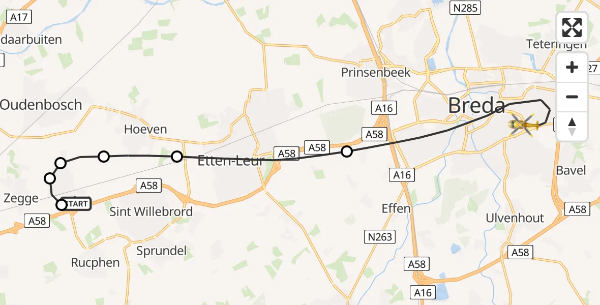 Vluchtroute Traumahelikopter Breda International Airport - Breda, 03 augustus 2026, 17:12
